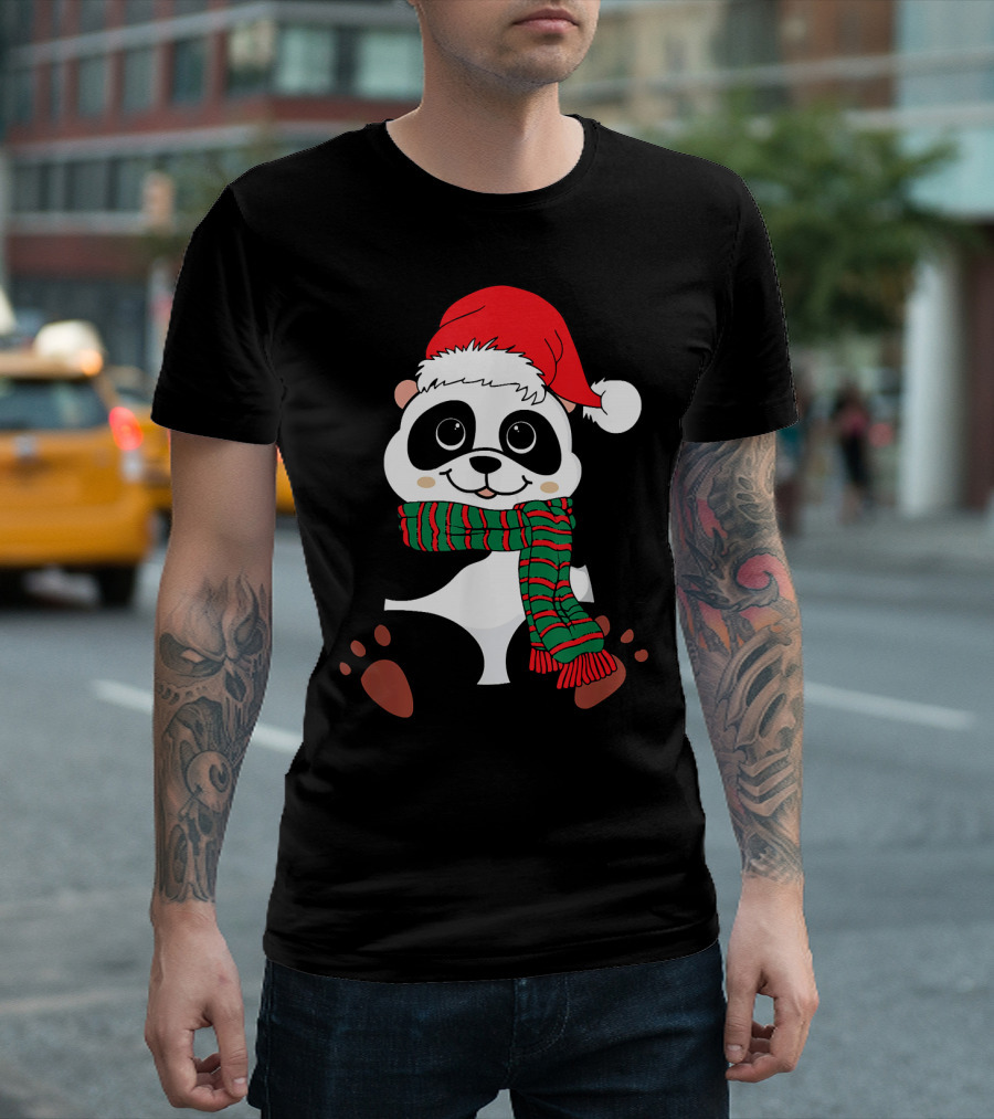 Christmas Panda With Santa Hat And Scarf Winter Vacation T-Shirt