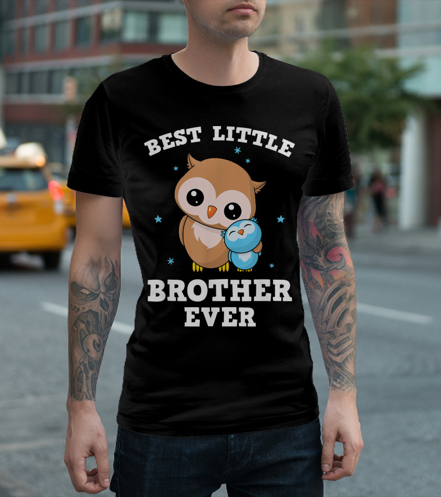 Best Little Brother Ever Owl Hugging Blue Bird T-Shirt