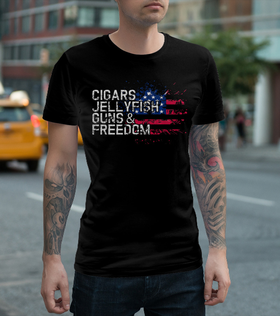 Cigars Jellyfish Guns Freedom American Flag Stars Stripes T-Shirt