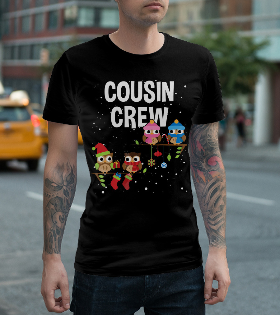 Cousin Crew Christmas Owls with Santa Hats Candy Canes and Stockings T-Shirt