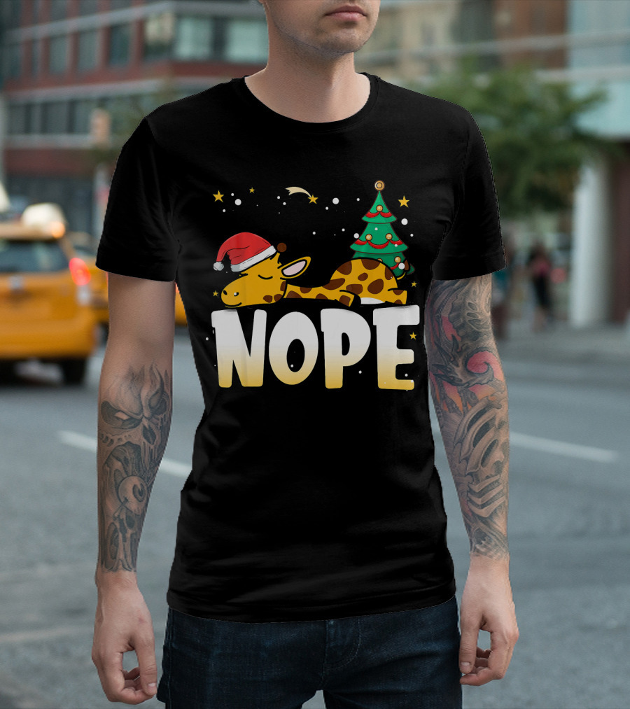 Christmas Lazy Giraffe Nope Santa Hat Tree T-Shirt