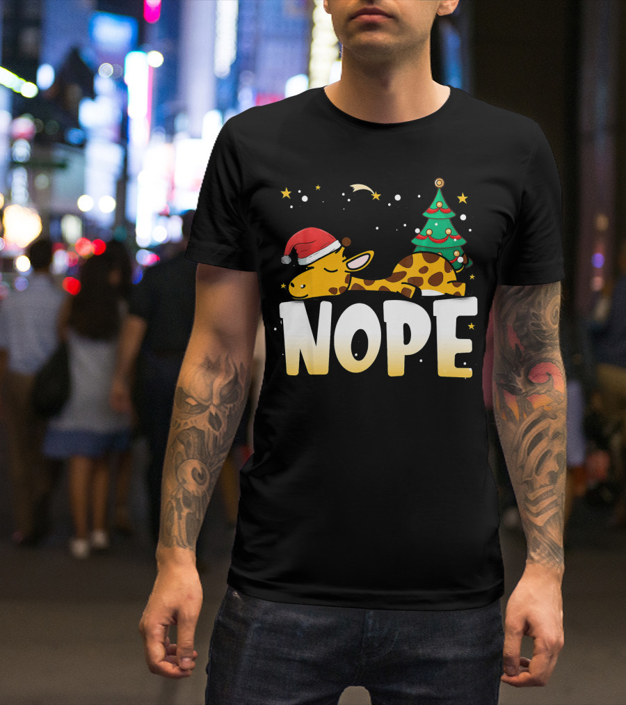 Christmas Lazy Giraffe Nope Santa Hat Tree T-Shirt