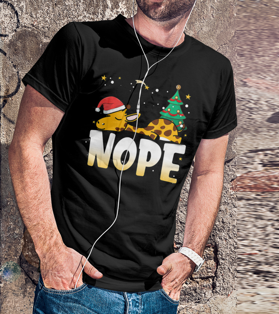Christmas Lazy Giraffe Nope Santa Hat Tree T-Shirt