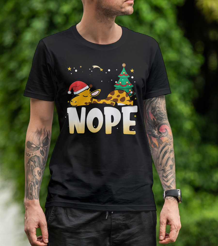 Christmas Lazy Giraffe Nope Santa Hat Tree T-Shirt