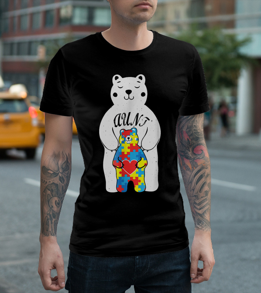 Aunt Bear Holding Puzzle Piece Heart Autism Awareness ASD T-Shirt