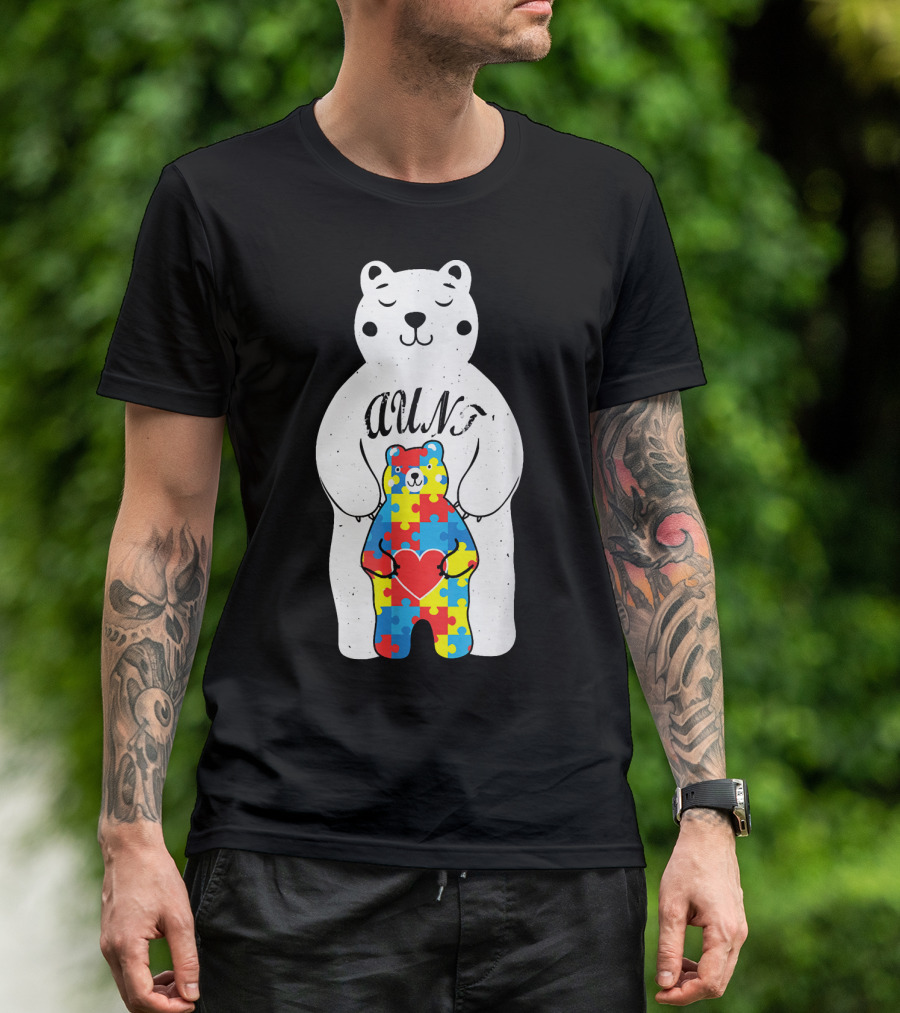 Aunt Bear Holding Puzzle Piece Heart Autism Awareness ASD T-Shirt