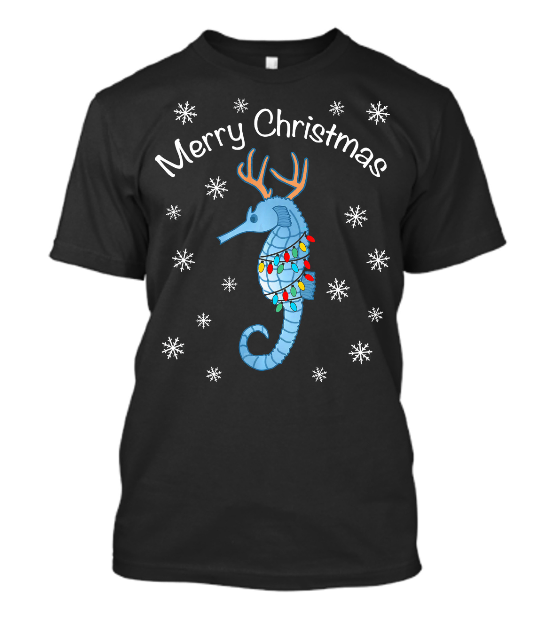 Merry Christmas Seahorse Reindeer With Holiday Lights Snowflakes T-Shirt