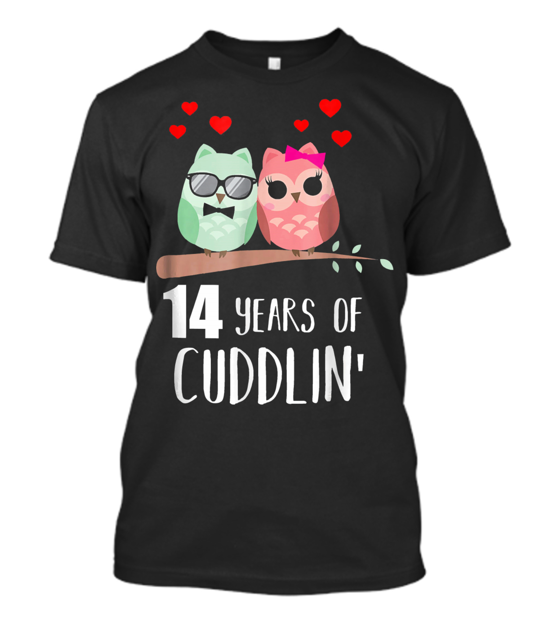 14 Years Of Cuddlin' Owl Couple Anniversary Hearts T-Shirt