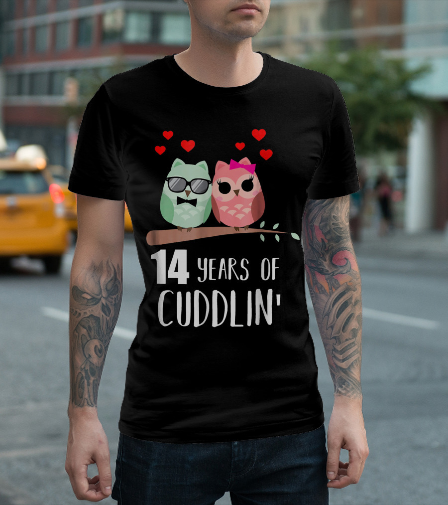 14 Years Of Cuddlin' Owl Couple Anniversary Hearts T-Shirt