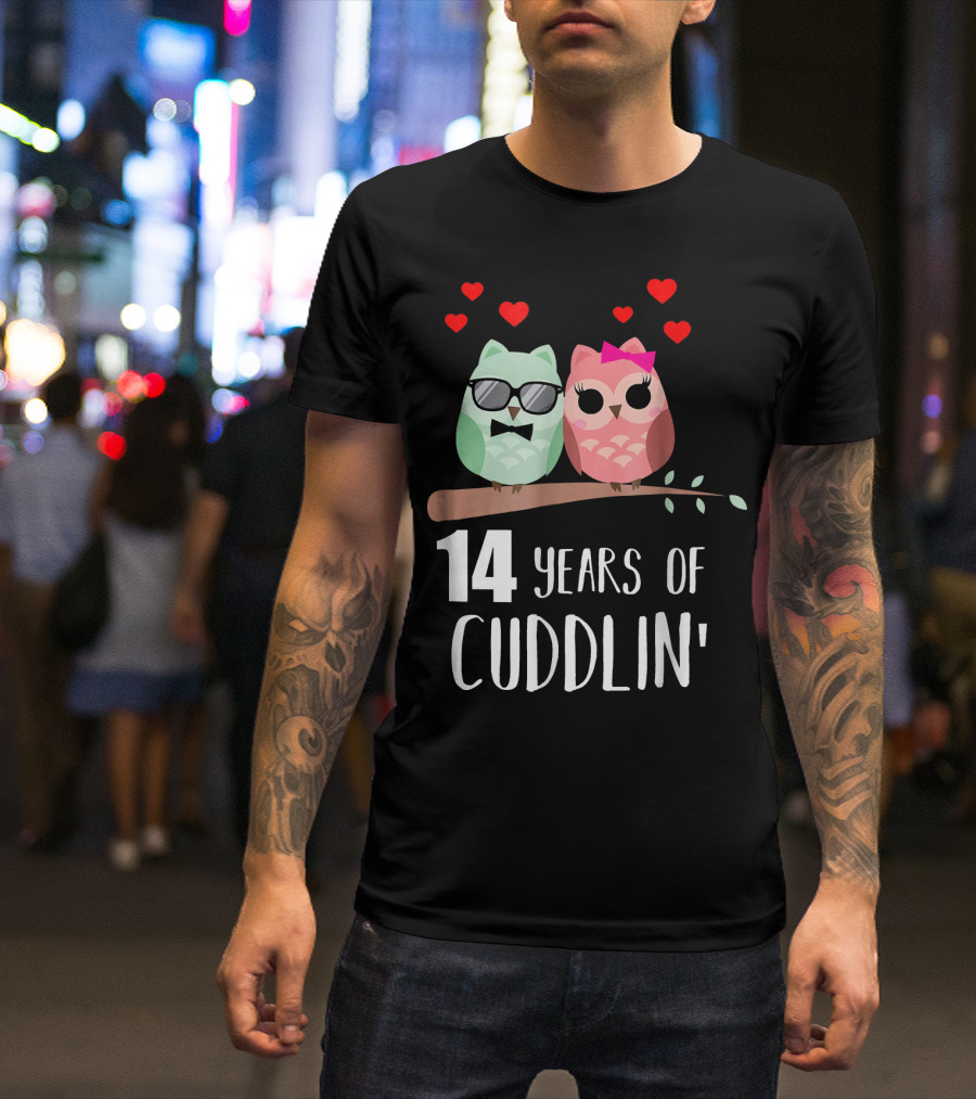 14 Years Of Cuddlin' Owl Couple Anniversary Hearts T-Shirt