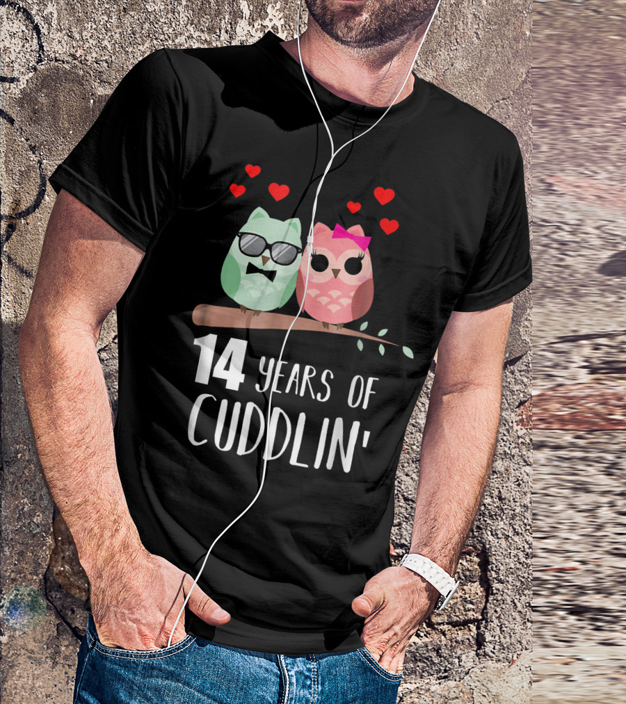 14 Years Of Cuddlin' Owl Couple Anniversary Hearts T-Shirt