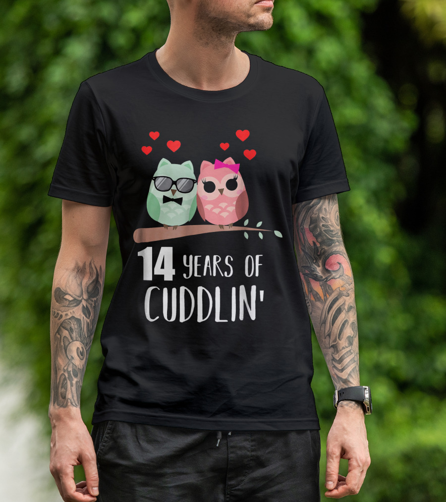 14 Years Of Cuddlin' Owl Couple Anniversary Hearts T-Shirt