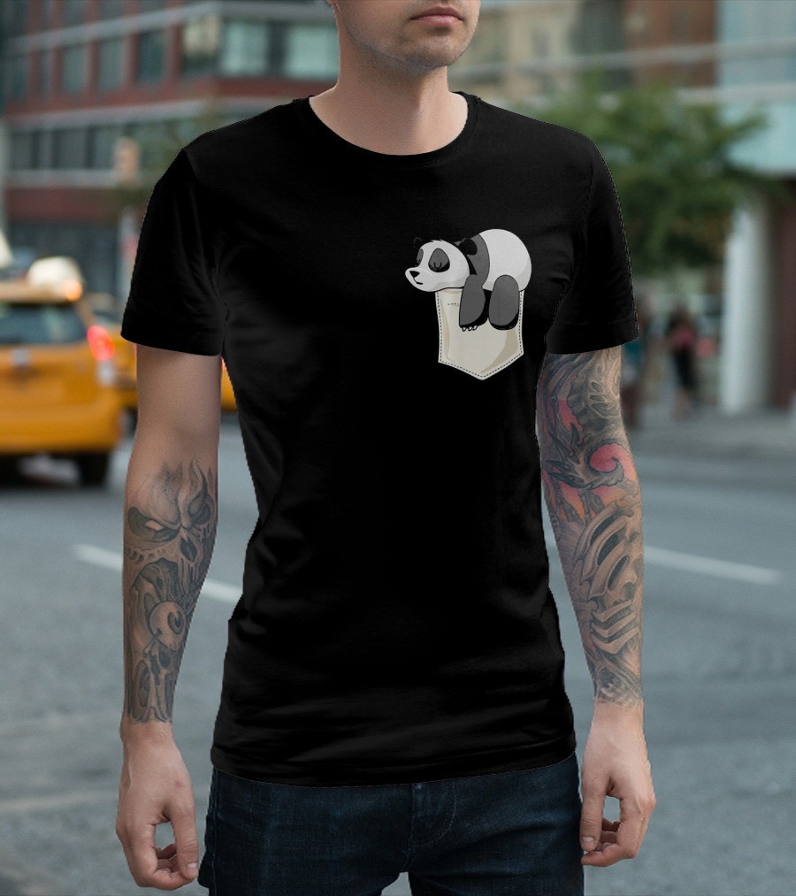 Adorable Sleeping Panda Hanging From Pocket T-Shirt