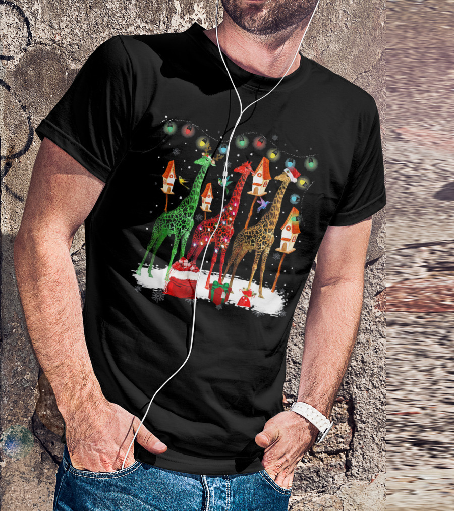 Giraffe Christmas Lights Reindeer Santa Hats Birdhouses Snowflakes T-Shirt