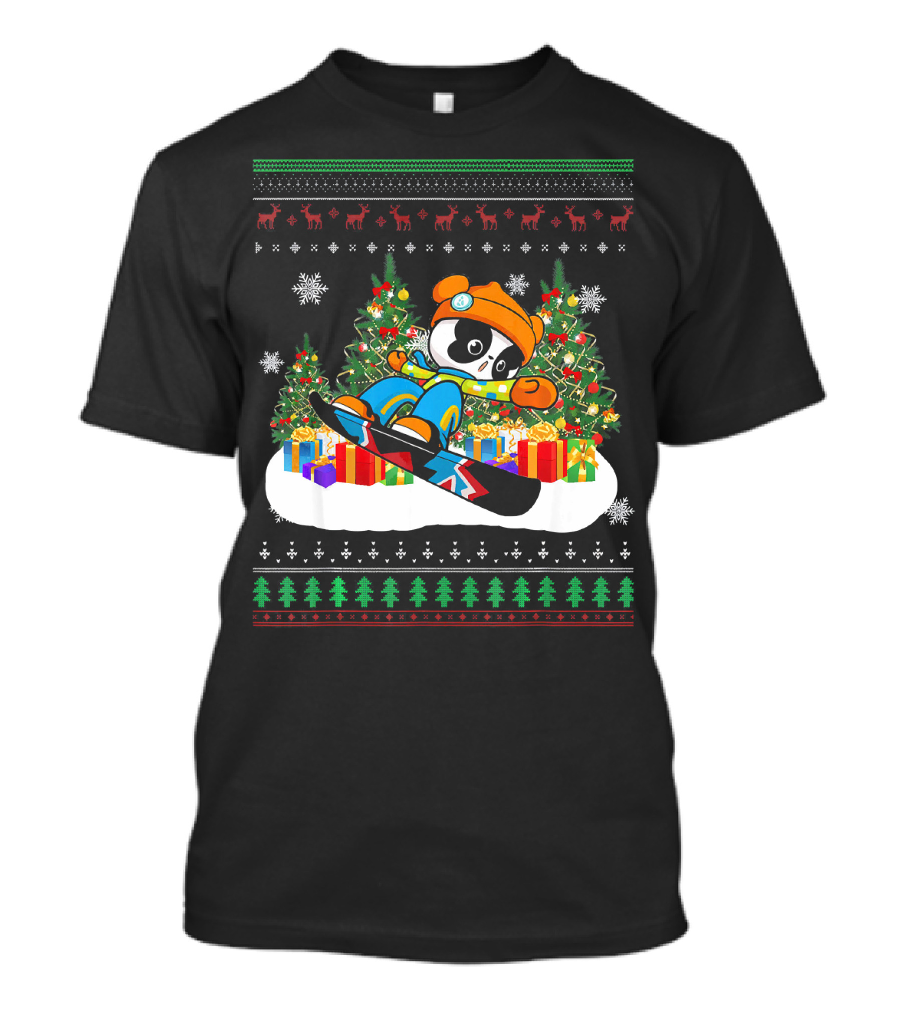Snowboarding Panda Christmas Tree Snowflakes Presents T-Shirt