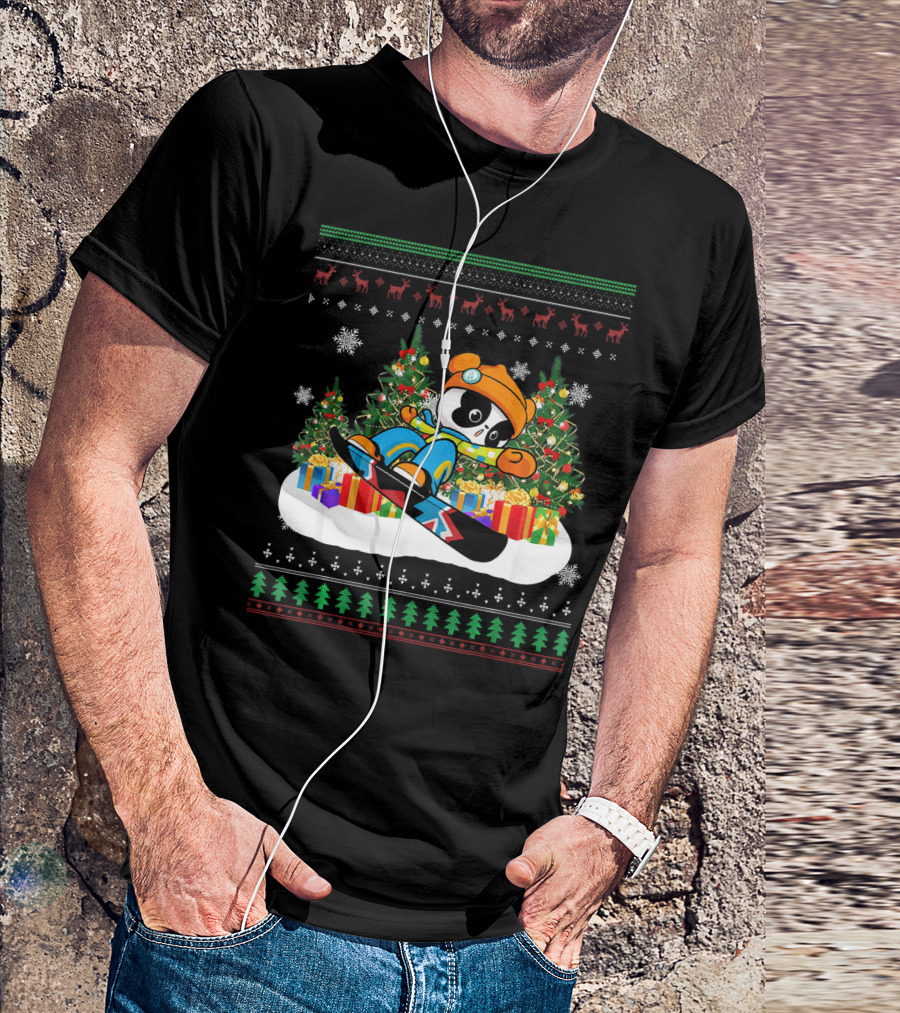 Snowboarding Panda Christmas Tree Snowflakes Presents T-Shirt