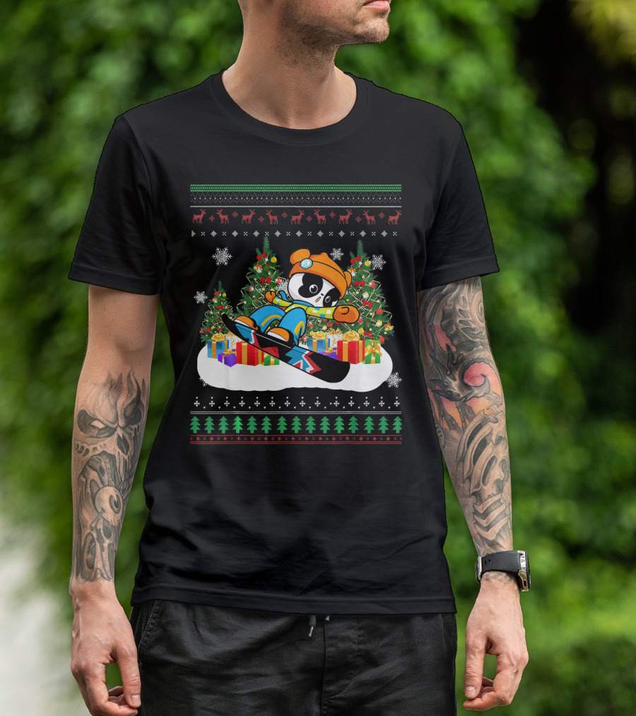 Snowboarding Panda Christmas Tree Snowflakes Presents T-Shirt
