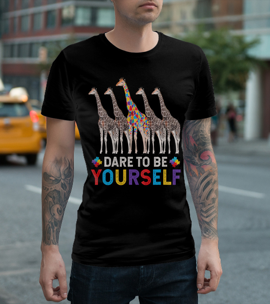 Dare To Be Yourself Autism Awareness Colorful Giraffe Puzzle Pieces T-Shirt