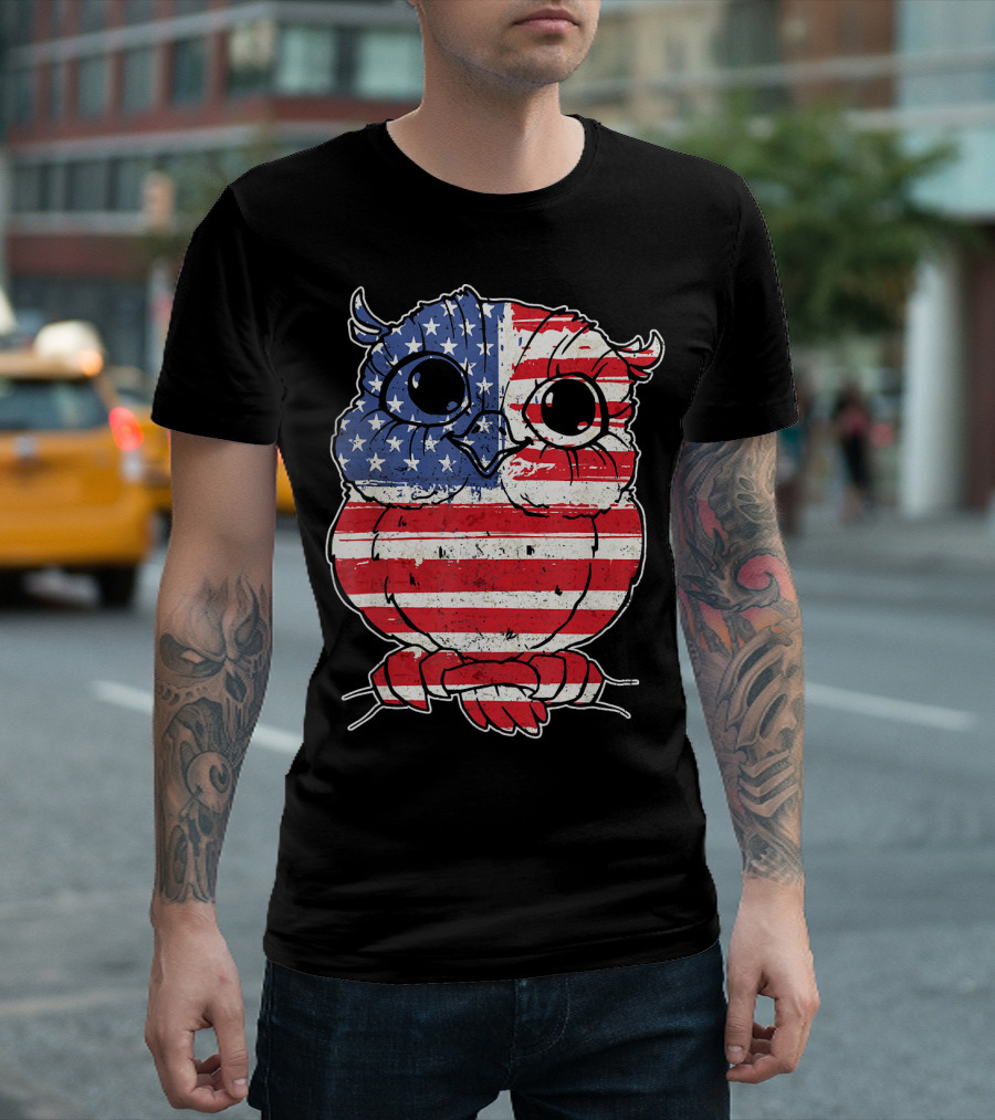 Patriotic Owl with American Flag T-Shirt