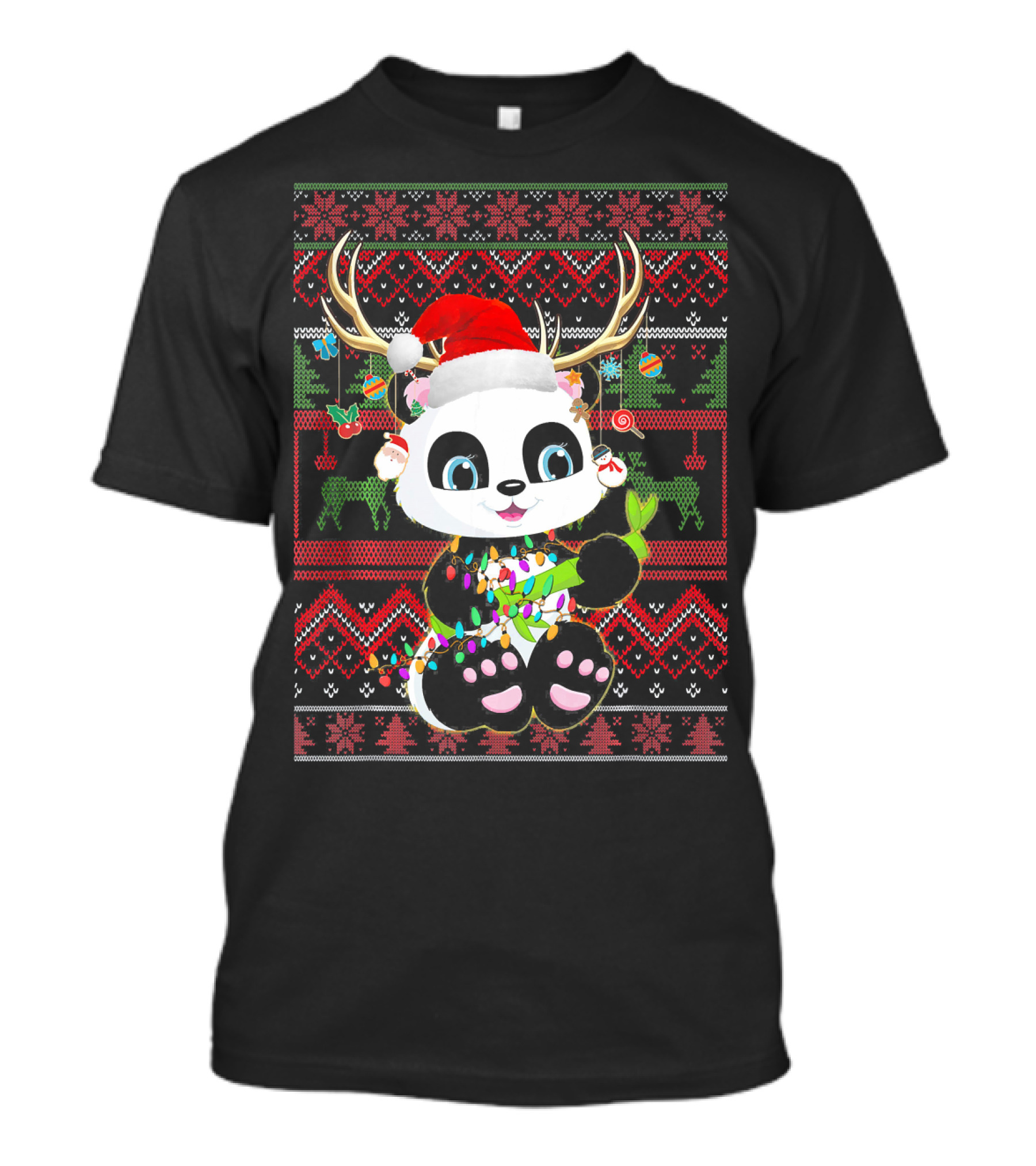 Funny Panda Reindeer Christmas Lights Ugly T-Shirt