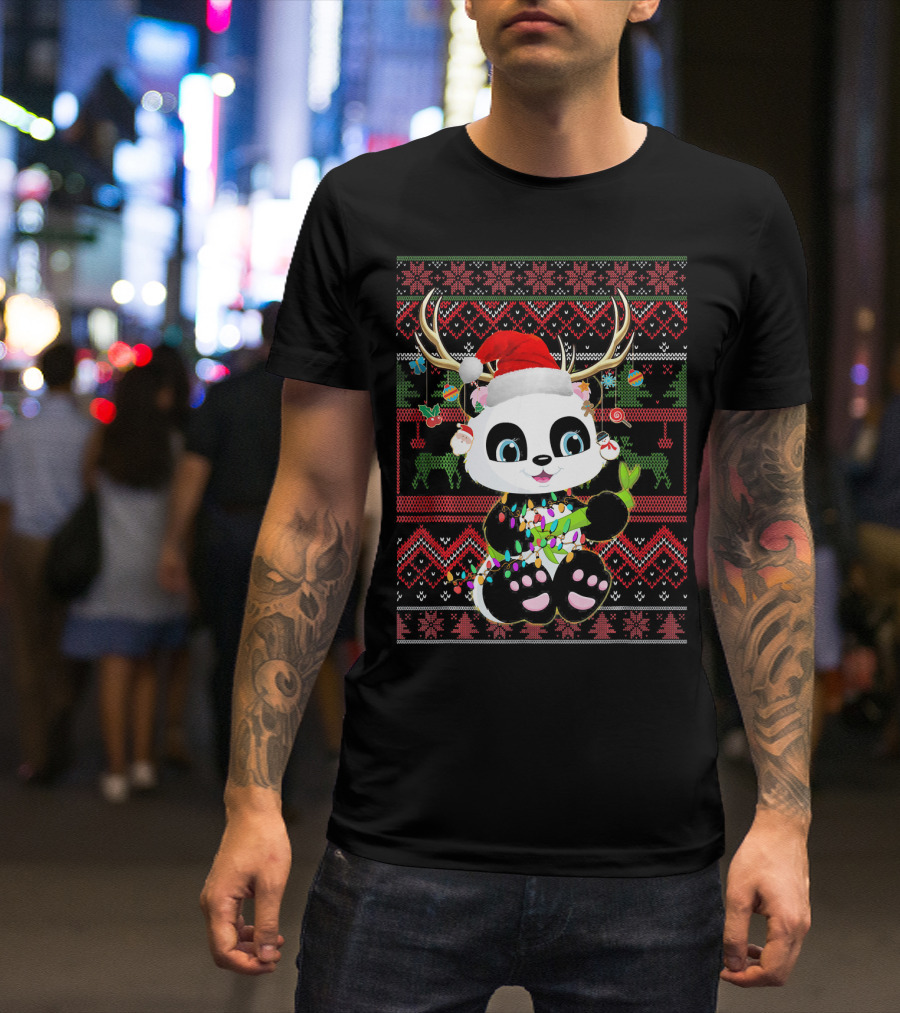 Funny Panda Reindeer Christmas Lights Ugly T-Shirt