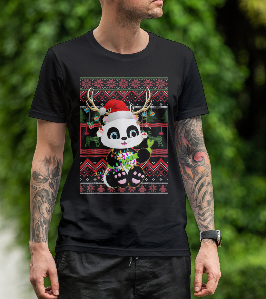 Funny Panda Reindeer Christmas Lights Ugly T-Shirt