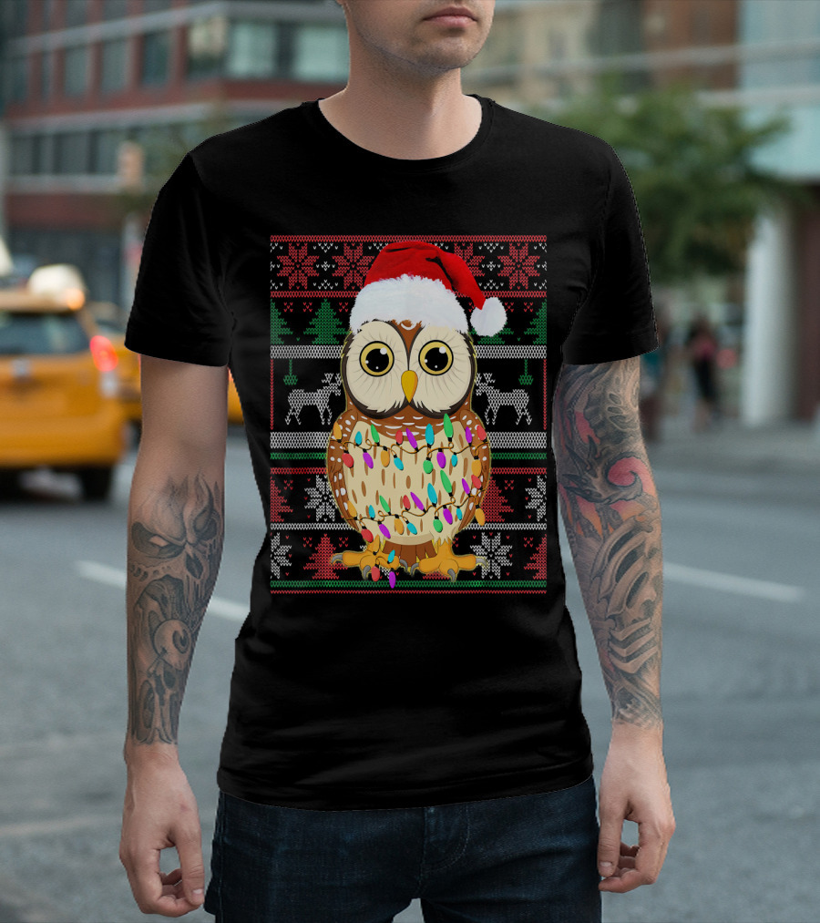 Funny Owl Lover Christmas Lights Santa Hat T-Shirt
