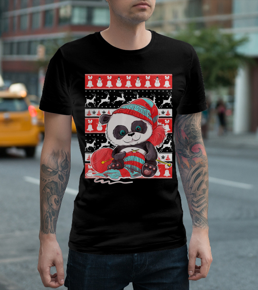 Cute Panda Knitting Christmas T-Shirt