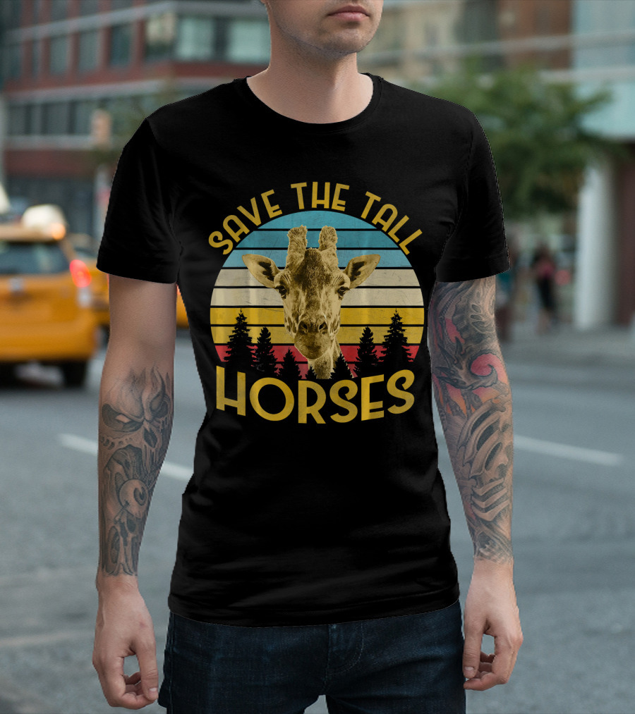 Save The Tall Horses Giraffe Retro Sunset T-Shirt