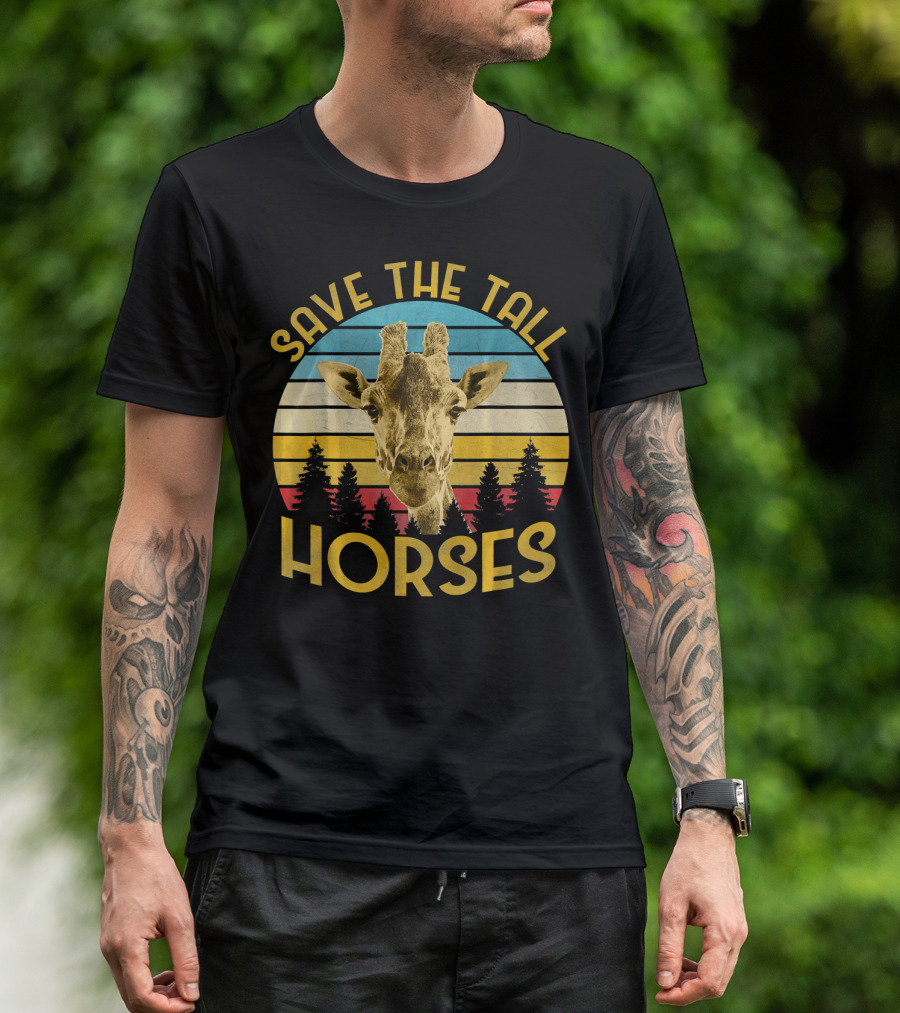 Save The Tall Horses Giraffe Retro Sunset T-Shirt