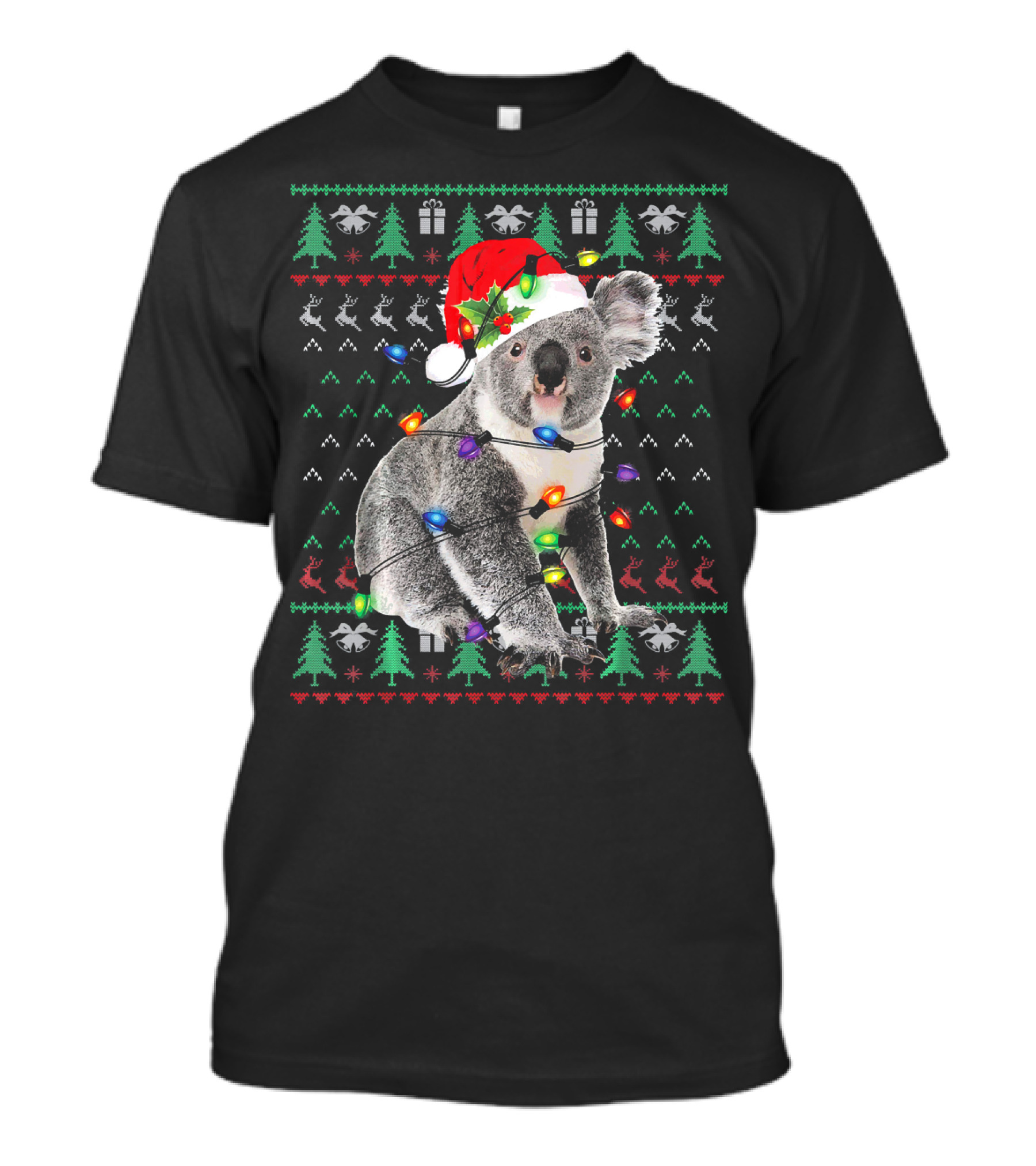 Funny Koala Wrapped In Christmas Lights With Santa Hat Ugly T-Shirt