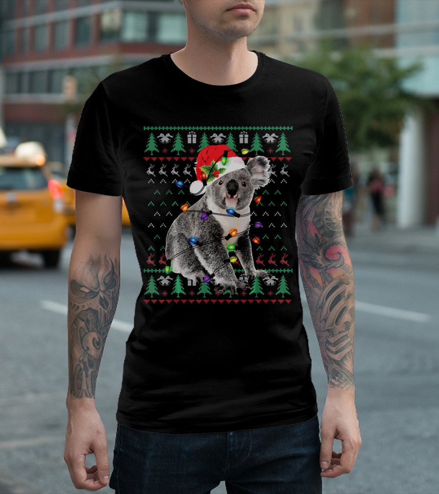 Funny Koala Wrapped In Christmas Lights With Santa Hat Ugly T-Shirt