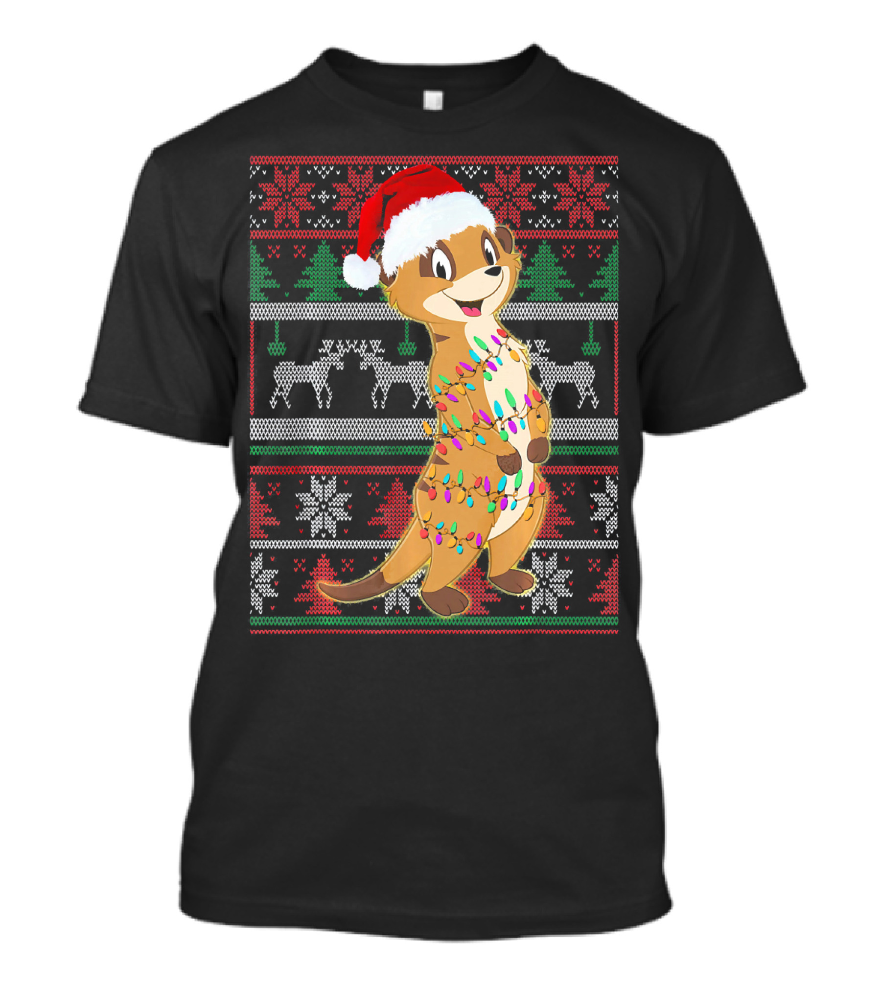 Funny Meerkat Lover Christmas Sweater Santa Hat Holiday Lights T-Shirt