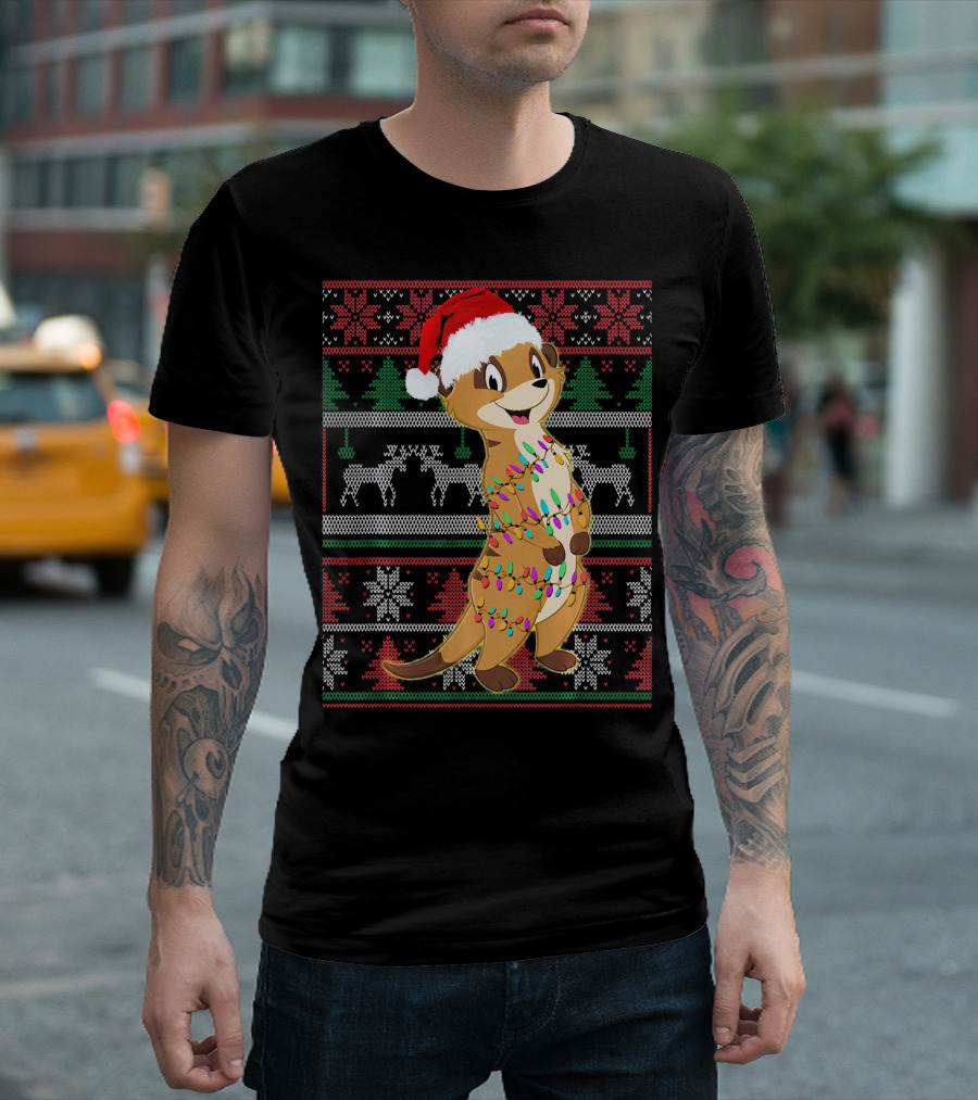 Funny Meerkat Lover Christmas Sweater Santa Hat Holiday Lights T-Shirt