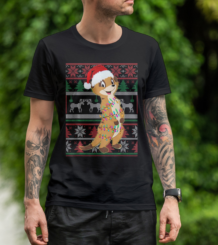 Funny Meerkat Lover Christmas Sweater Santa Hat Holiday Lights T-Shirt
