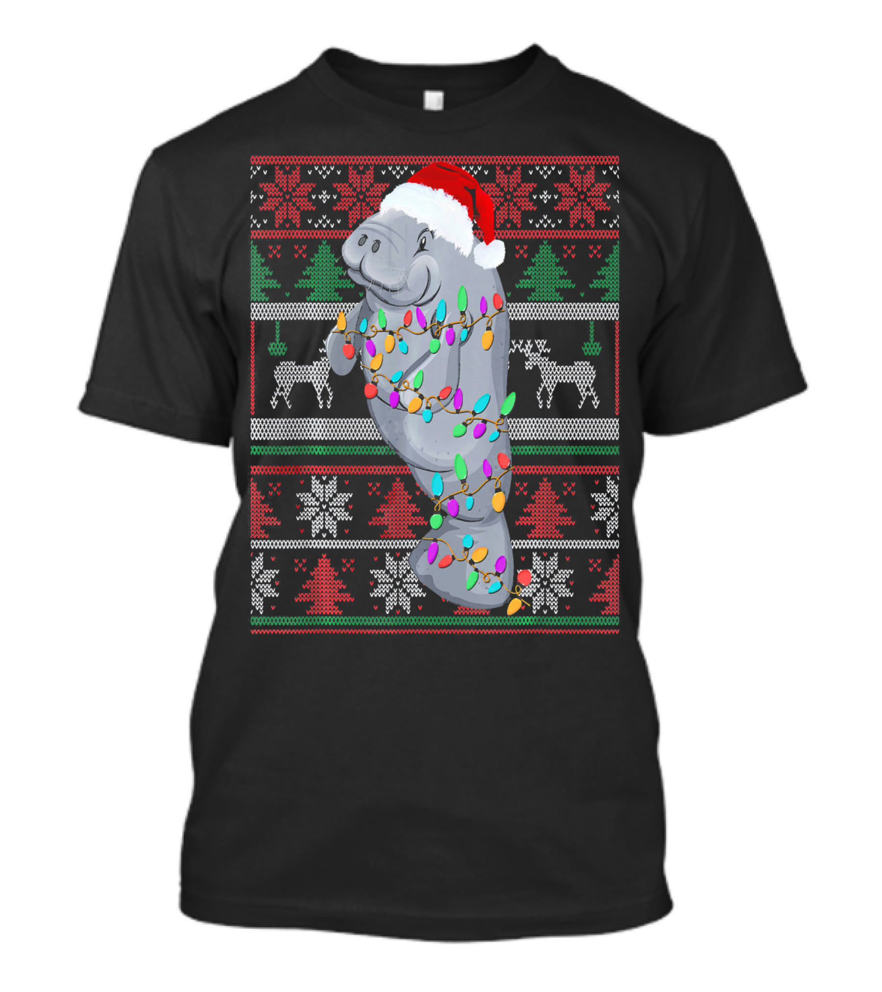Christmas Manatee Wrapped In Holiday Lights And Santa Hat T-Shirt