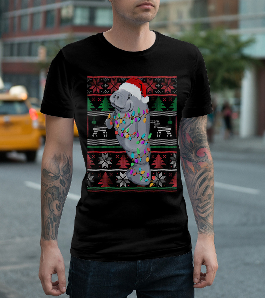 Christmas Manatee Wrapped In Holiday Lights And Santa Hat T-Shirt