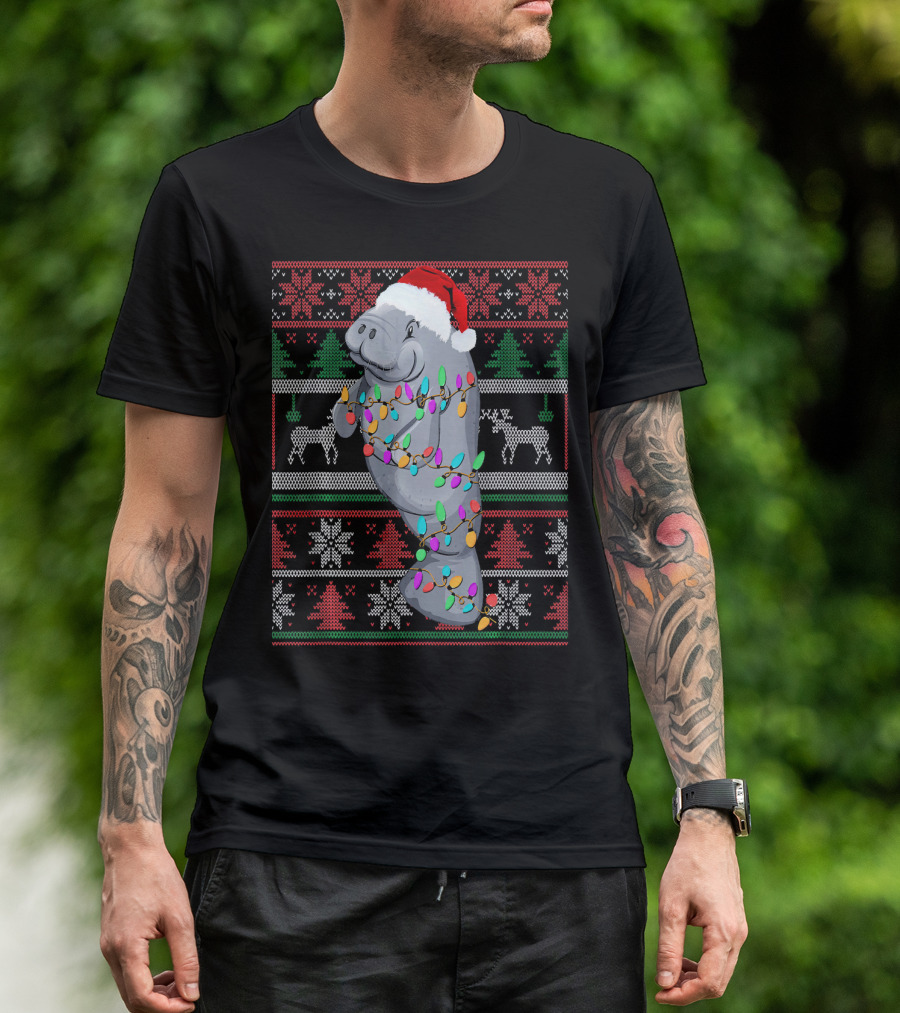 Christmas Manatee Wrapped In Holiday Lights And Santa Hat T-Shirt