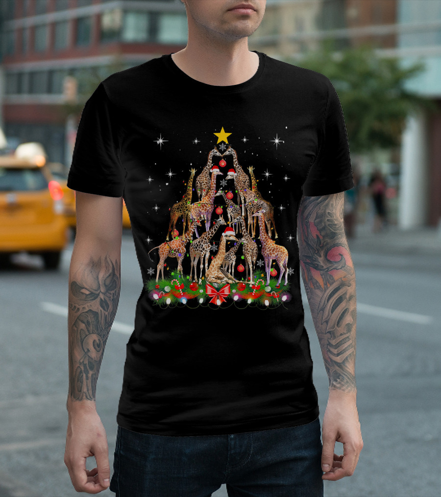 Funny Santa Giraffe Christmas Tree Ornament with Red Hat and Star T-Shirt