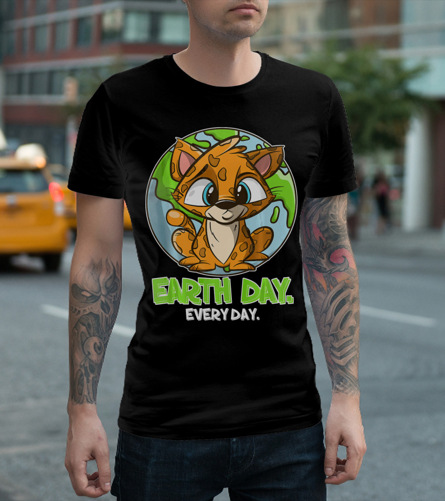 Earth Day Every Day Cute Jaguar Sitting on Planet Earth T-Shirt