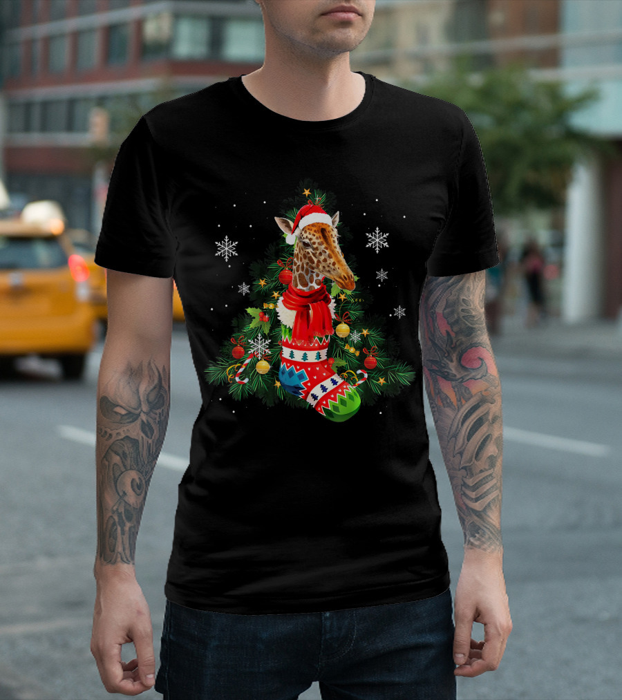 Funny Christmas Santa Hat Giraffe in Festive Holiday Stocking T-Shirt