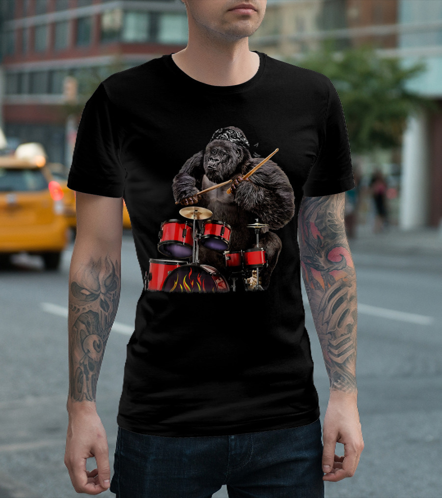 Drummer Gorilla With Bandana Playing Red Drum Rock N Roll Flame Set T-Shirt