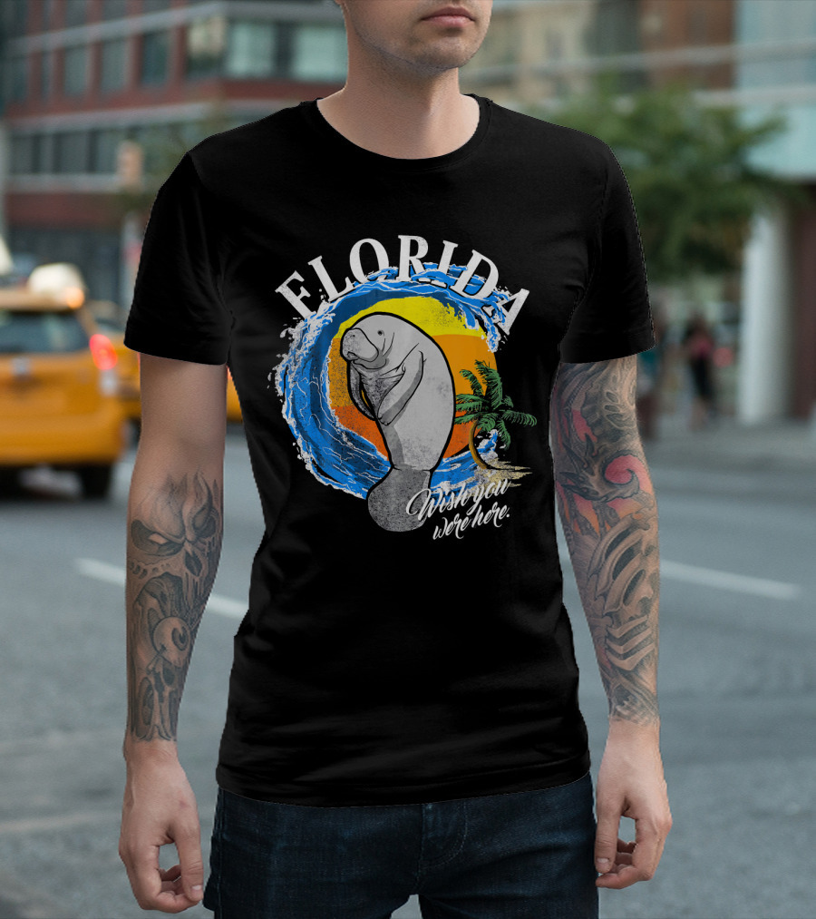 Florida Manatee Wish You Were Here Ocean Wave Beach Scene T-Shirt