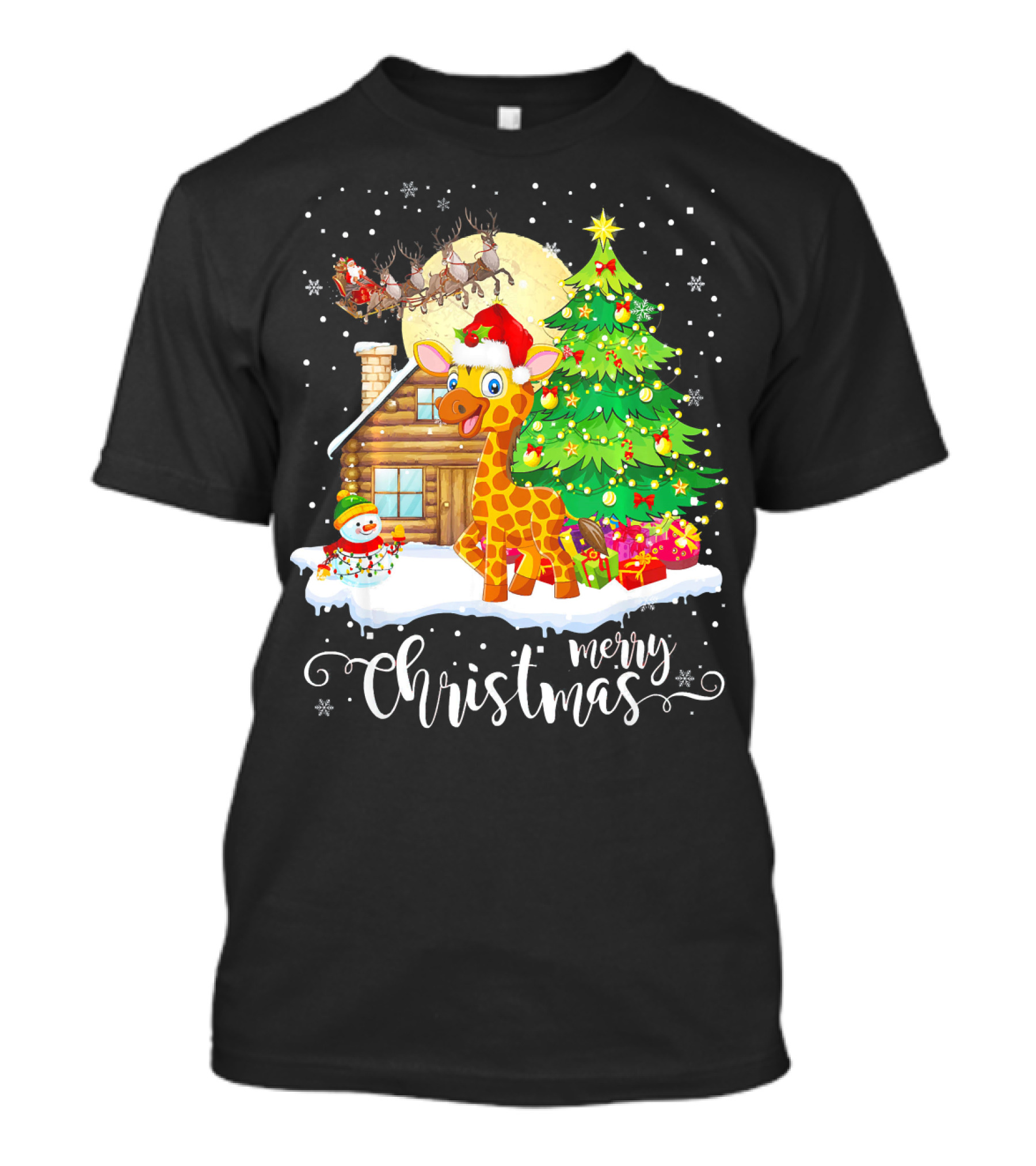 Funny Cute Giraffe Lover Merry Christmas Santa Reindeer Cabin Tree T-Shirt