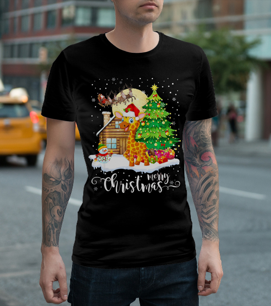 Funny Cute Giraffe Lover Merry Christmas Santa Reindeer Cabin Tree T-Shirt