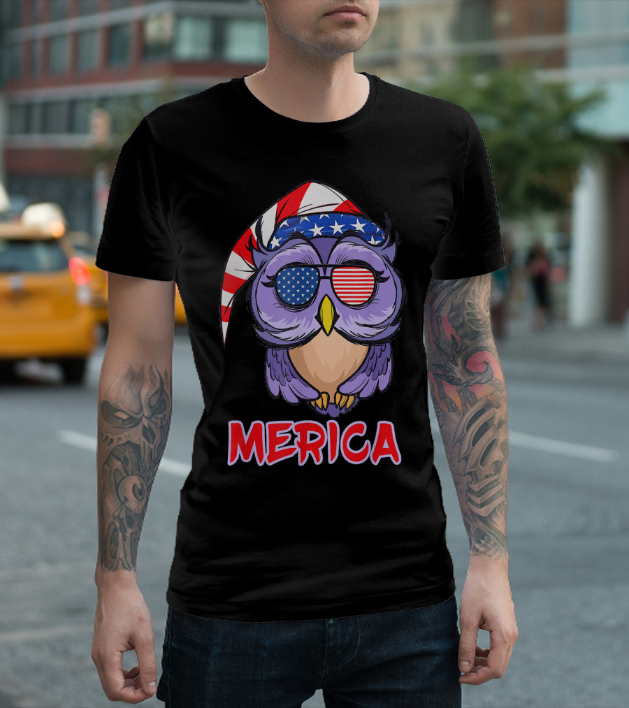 Merica 4th of July Funny Owl with USA American Flag Glasses T-Shirt