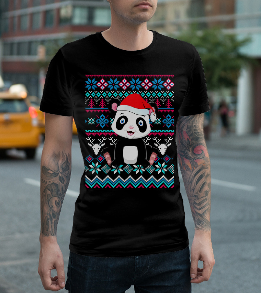 Merry Christmas Panda Bear in Santa Hat Ugly T-Shirt