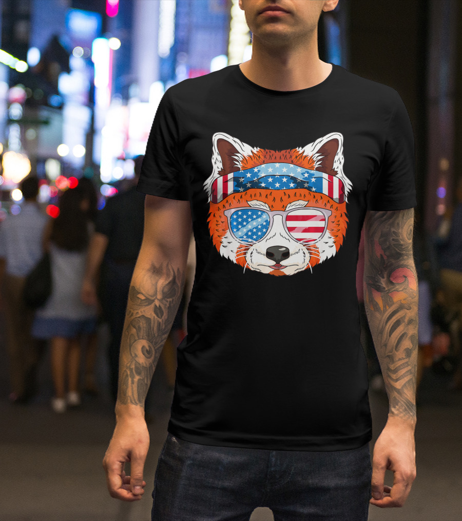 Funny July 4th USA Patriotic Red Panda With American Flag Bandana And Sunglasses T-Shirt
