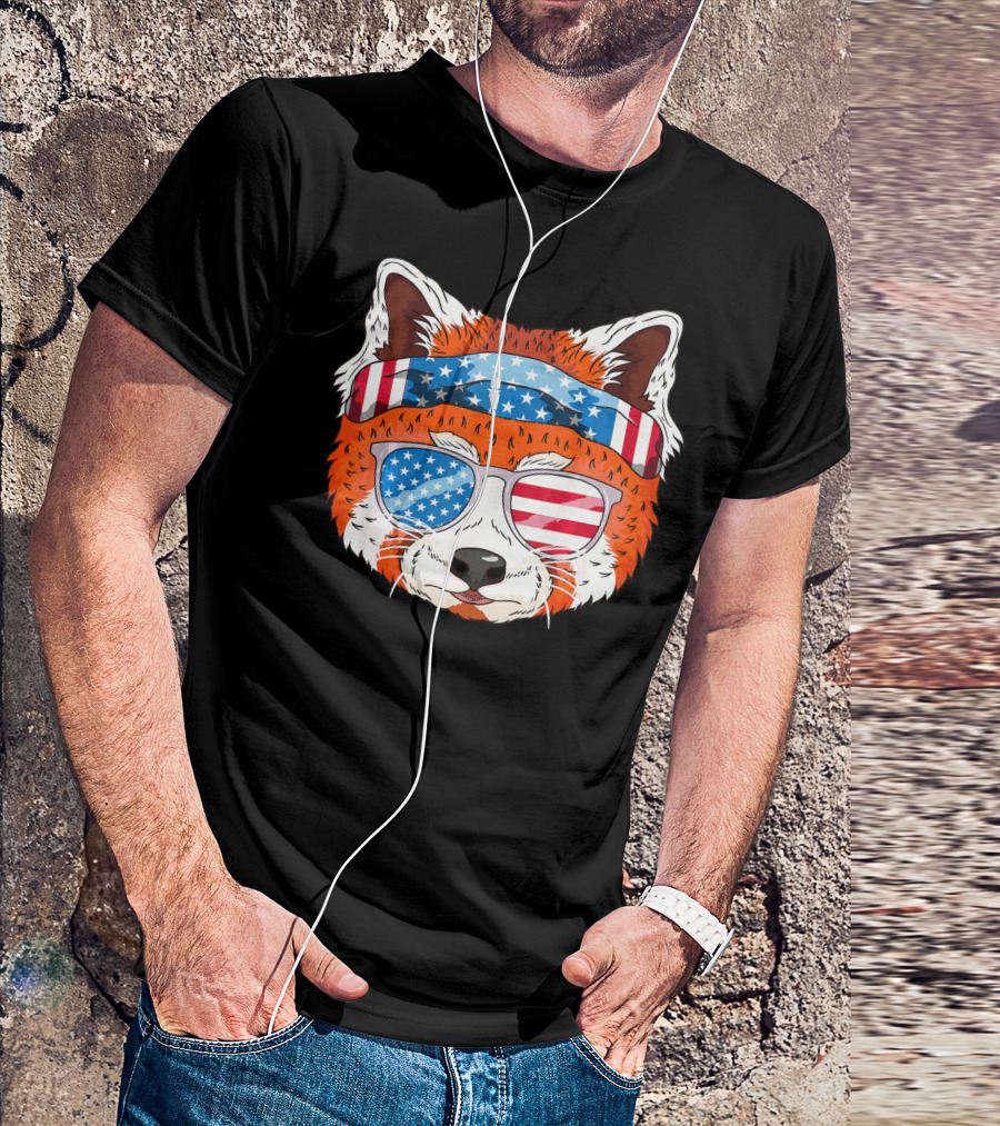 Funny July 4th USA Patriotic Red Panda With American Flag Bandana And Sunglasses T-Shirt