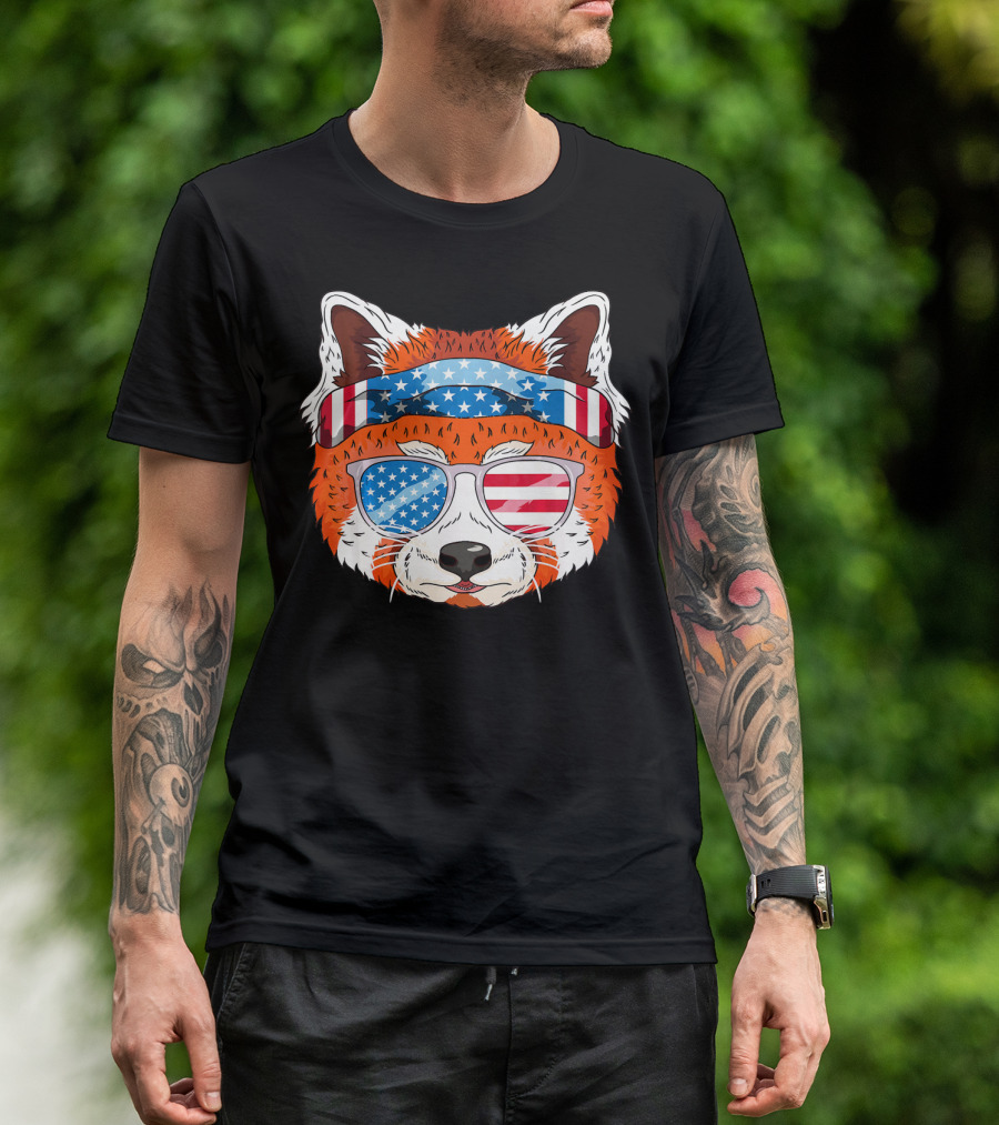 Funny July 4th USA Patriotic Red Panda With American Flag Bandana And Sunglasses T-Shirt